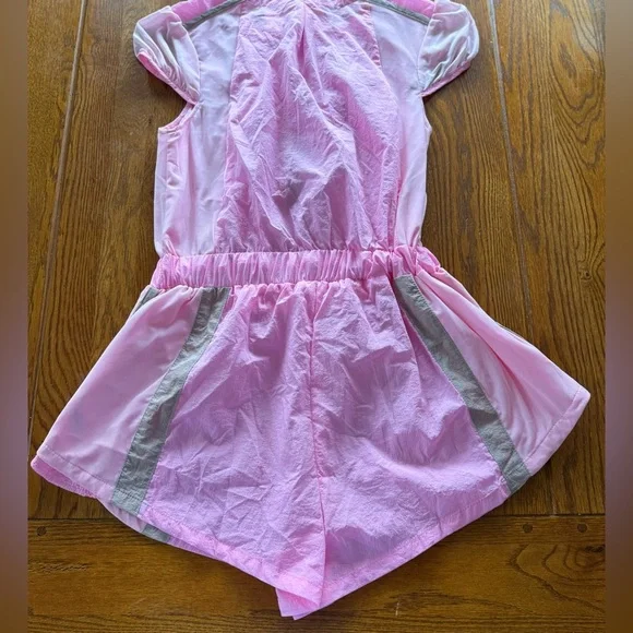 🆕 Daily Practice Puff Sleeve Front Zip Pink and Tan Short Sleeve Romper - Picture 12 of 13
